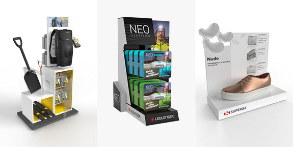 Individuelle Displays - Thekendisplays - Bodendisplays - Pappdisplays - Präsentationstabletts - Podeste - Drehsäulen - Merchandiser