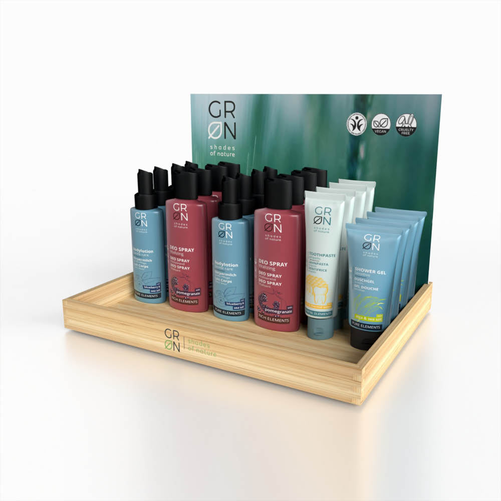 Holz Präsentationsdisplay mit Grafik Rückwand für GRN